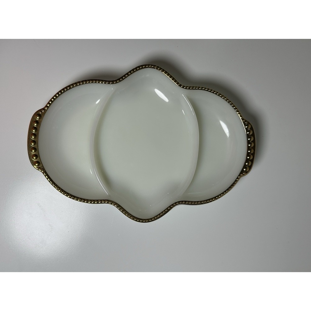 Vintage Fire King White Milk Glass‎ Divided Serving Dish, Gold Accents